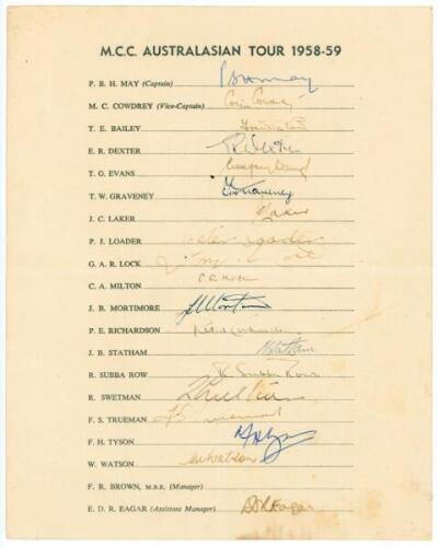 M.C.C. tour of Australia 1958/59. Official autograph sheet with printed title and players’ names. Signed in ink by nineteen members of the touring party. Signatures are May (Captain), Cowdrey, Bailey, Dexter, Evans, Graveney, Laker, Loader, Lock, Milton, 