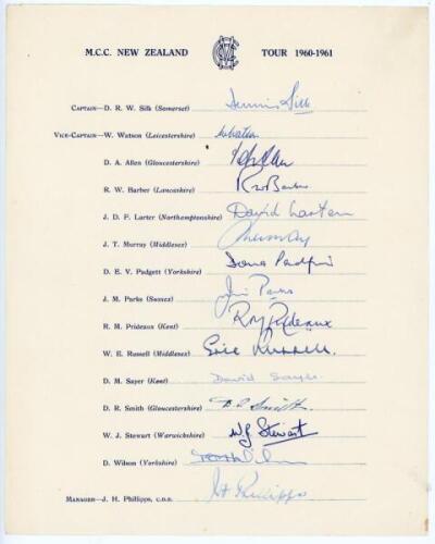 M.C.C. tour of New Zealand 1960/61. Rarer official autograph sheet with printed title and players’ names. Fully signed in ink by all fifteen listed members of the touring party. Signatures are Silk (Captain), Watson, Allen, Barber, Larter, Padgett, Parks,