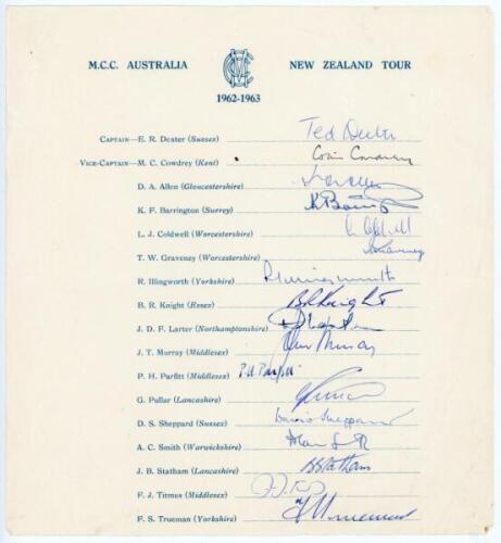 M.C.C. tour of Australia and New Zealand 1962/63. Official autograph sheet with printed title and players’ names. Nicely and fully signed in ink by all seventeen playing members of the touring party. Signatures are Dexter (Captain), Cowdrey, Allen, Barrin