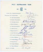 M.C.C. tour of Australia 1965/66. Official autograph sheet with printed title and players’ names. Nicely and fully signed in different coloured inks by all seventeen members of the touring party. Signatures are Smith (Captain), Cowdrey, Allen, Barber, Bar