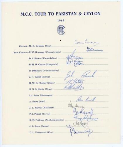 M.C.C. tour to Pakistan & Ceylon 1969. Official autograph sheet with printed title and players’ names. Nicely signed in ink by thirteen playing members of the touring party. Signatures are Cowdrey (Captain), Graveney, Brown, Cottam, Edrich, Fletcher, Hobb