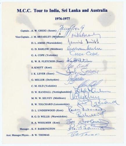 M.C.C. tour to India, Sri Lanka and Australia 1976/77. Official autograph sheet with printed title and players’ names. Nicely and fully signed in ink by all eighteen members of the touring party. Signatures are Greig (Captain), Brearley, Amiss, Barlow, Co