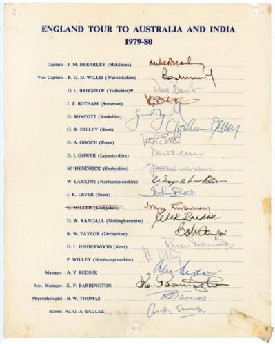 England Tour to Australia & India 1979/80. Official autograph sheet with printed title and players’ names. Fully signed in different coloured inks by all twenty members of the touring party. Signatures are Brearley (Captain), Willis, Bairstow, Botham, Boy