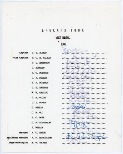 England Tour to West Indies 1981. Rarer official autograph sheet with printed title and players’ names. Fully signed in ink by all nineteen members of the touring party. Signatures are Botham (Captain), Willis, Bairstow, Boycott, Butcher, Dilley, Downton,