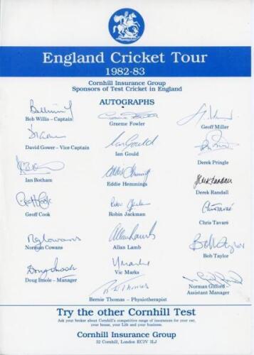 England Tours 1982-1986. Four official autograph sheets, each fully signed, for tours to Australia & New Zealand 1982/83 (19 signatures), to Fiji, New Zealand & Pakistan 1984 (18), to Sri Lanka, India & Australia 1984/85 (20), and to Bangladesh, Sri Lanka