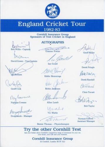 England Tours 1982-1989. Three official autograph sheets, each fully signed, for tours to Australia & New Zealand 1982/83 (19 signatures), to India & Pakistan for the World Cup 1987 (18), and to India 1989 (17). Signatures include Willis, Gower, Botham, C