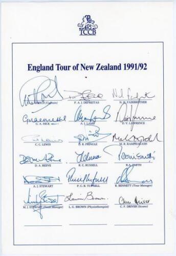 England Tours 1991-1996. Four official autograph sheets, three fully signed, for tours to New Zealand 1991/92 (18 signatures), to India & Sri Lanka 1992/93 (20), to Australia 1994/95 (20), and to Pakistan & India for the World Cup 1996 (18, lacking DeFrei