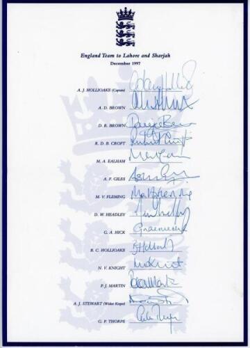 England Tours 1997-2003. Five official autograph sheets, all fully signed, for tours to Lahore & Sharjah 1997 (14 signatures), to Bangladesh for the Wills International Cup 1998 (14), to Australia for the Carlton & United Series 1999 (16), to Kenya, Pakis