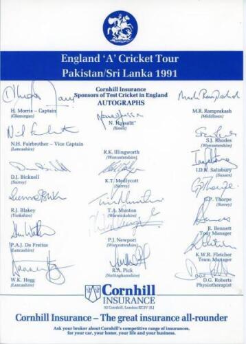 England ‘A’ Tours 1991-1999. Six official autograph sheets, of which four are fully signed. Tours are to Pakistah & Sri Lanka 1991 (18 signatures, lacking one), to Australia 1993 (18), to India & Bangladesh 1994/95 (19), to Australia 1996 (17), to Kenya &