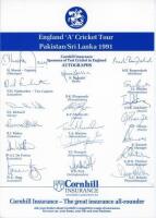 England ‘A’ Tours 1991-1999. Six official autograph sheets, of which four are fully signed. Tours are to Pakistah & Sri Lanka 1991 (18 signatures, lacking one), to Australia 1993 (18), to India & Bangladesh 1994/95 (19), to Australia 1996 (17), to Kenya &