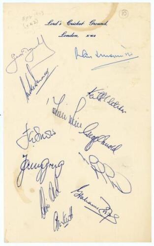 England v New Zealand 1973. Lord’s Cricket Ground headed notepaper signed in ink by the twelve members of the England team for the drawn 2nd Test at Lord’s, 21st- 26th June 1973. Signatures are Illingworth (Captain), Boycott, Fletcher, Amiss, Arnold, Snow