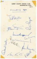 England v Pakistan 1962. Surrey C.C.C. headed notepaper signed in ink by the eleven members of the England team for the 5th Test at The Oval, 16th- 20th August 1962. England won by ten wickets. Signatures are Dexter (Captain), Barrington, Parfitt, Sheppar