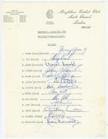 England v Australia 1975. Official M.C.C. autograph sheet with typed title and players’ names, fully signed in ink by the thirteen listed members of the England team for the drawn 2nd Test, Lord’s, 31st July- 5th August 1975. Signatures are Greig (Captain