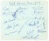 ‘South Africa Team 1955’. Album page signed by sixteen members of the 1955 South African touring party to England. Signatures are Cheetham (Captain), McLean, Adcock, Fuller, Mansell, Endean, Murray, McGlew, Smith, Tayfield, Heine, Keith, Winslow, Goddard,