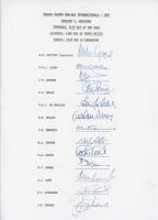 England v Pakistan 1987. Six official autograph sheets for the 1987 Test and one-day international matches against Pakistan, all fully signed (with one exception) in ink by the listed members of the England teams. Sheets are for the Texaco Trophy One-Day 