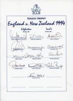 England v New Zealand 1994. Three official T.C.C.B. autograph sheets, two fully signed in ink by the listed members of the England teams, one lacking one signature. One sheets is for the two match Texaco Trophy one-day international series 19th & 21st May