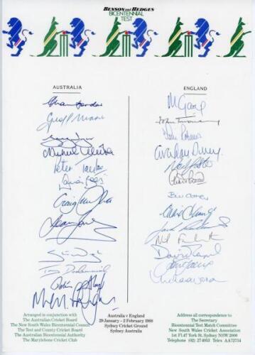 Australia v England 1988. Official autograph sheet for the Bicentennial Test match played at Sydney on 29th January to 2nd February 1988. Fully signed by both teams. Twenty five signatures including Border, Marsh, Dyer, Veletta, Taylor, Boon, McDermott, J