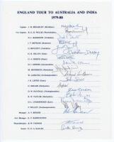 England tour to Australia & India 1979/80. Official autograph sheet for the tour, signed by eighteen listed members of the touring party in ink. Lacking one signature of Ken Barrington, Assistant Manager. Players’ signatures are Brearley (Captain), Willis