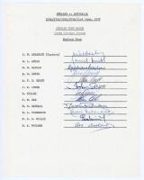 England v Australia, Jubilee Test 1977. Official typed autograph sheet fully signed in ink by the twelve members of the England team for the drawn 1st Test, Lord’s, 16th- 21st June 1977. Signatures are Brearley (Captain), Amiss, Barlow, Greig, Knott, Leve