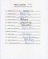 England v New Zealand 1978. Official typed autograph sheet signed in ink by eleven of the twelve listed members of the England team for the 3rd Test, Lord’s, 24th- 28th August 1978. Signatures are Brearley (Captain), Botham, Boycott, Edmonds, Emburey, Goo