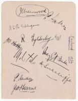 England v The Rest Test Trial 1924. Album page nicely signed in ink by eight members of the England team for the match played at Trent Bridge, 28th- 30th May 1924. Signatures are A.E.R. Gilligan (Captain), Hendren (signed twice), Hobbs, Fender, Tate, Sutc