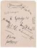 England v The Rest Test Trial 1924. Album page nicely signed in ink by eight members of the England team for the match played at Trent Bridge, 28th- 30th May 1924. Signatures are A.E.R. Gilligan (Captain), Hendren (signed twice), Hobbs, Fender, Tate, Sutc