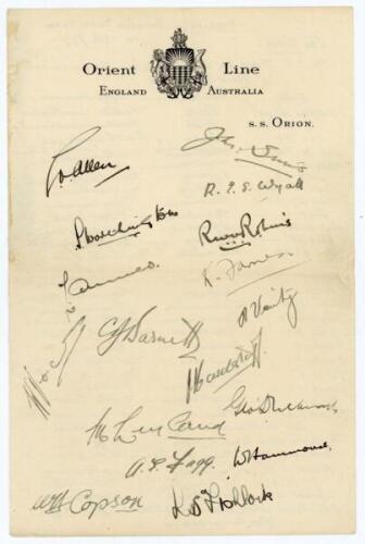 M.C.C. tour of Australia & New Zealand 1936/37. Official ‘Orient Line. England-Australia S.S. Orion’ headed paper nicely signed in ink by all seventeen members of the touring party. Signatures are Allen (Captain), Sims, Wyatt, Worthington, Robins, Ames, F