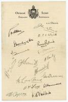 M.C.C. tour of Australia & New Zealand 1936/37. Official ‘Orient Line. England-Australia S.S. Orion’ headed paper nicely signed in ink by all seventeen members of the touring party. Signatures are Allen (Captain), Sims, Wyatt, Worthington, Robins, Ames, F