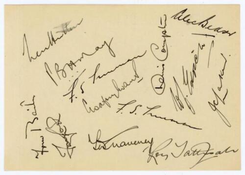 M.C.C. tour to Australia 1954/55. Album page nicely signed in black ink by twelve members of the England team. Signatures are Hutton (Captain), May, Trueman (signed twice), Evans, Bailey, Lock, Graveney, Compton, Bedser, Edrich, Laker and Tattersall. Slig