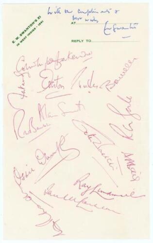 E.W. Swanton’s tour to West Indies 1961. Official tour headed note paper fully signed in red ink by the thirteen playing members of the tour. Signatures are Ingleby-Mackenzie, Nawab of Pataudi, Weekes, Wells, Smith, Barber, Gale, Walker, Baig, Wheatley, L