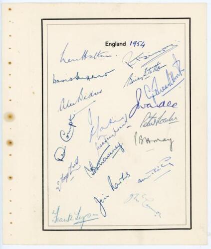 England 1954. Page with printed title and border, very nicely signed in ink by eighteen England Test players. Signatures are Hutton, Simpson, Sheppard, Statham, Bedser, Washbrook, Wardle, Compton, Laker, Loader, Evans, May, Lock, Graveney, Parks, Bailey, 