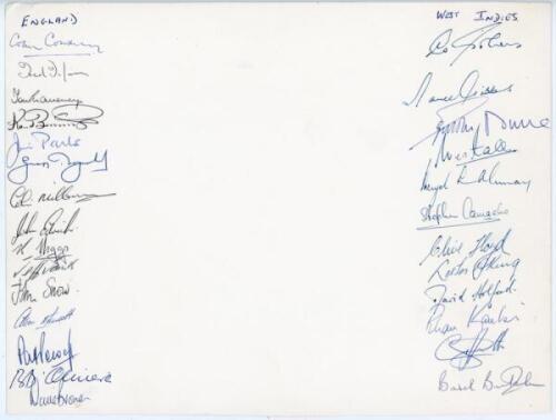 M.C.C. tour to West Indies 1967/68. Plain white card signed in ink by fifteen members of the M.C.C. touring party and twelve West Indies players. Signatures are Cowdrey, Titmus, Graveney, Barrington, Parks, Boycott, Milburn, Edrich, Higgs, Jones, Snow, Kn