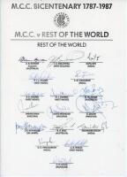 ‘M.C.C. Bicentenary 1787-1987’. M.C.C. v Rest of the World. Lord’s 20th- 25th August 1987. Official autograph sheet signed by the eighteen members of the Rest of the World touring party. Signatures are Border (captain), Bracewell, Kapil Dev, Dujon, Gavask