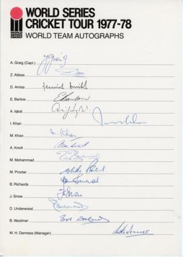 ‘World Series Cricket Tour 1977-78’. Official ‘World team’ autograph sheet signed in full by the fifteen members of the touring party. Signatures are Greig (Captain), Zaheer Abbas, Amiss, Barlow, Asif Iqbal, Imran Khan, Moin Khan, Knott, Mushtaq Mohammad,