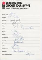 ‘World Series Cricket Tour 1977-78’. Official ‘World team’ autograph sheet signed in full by the fifteen members of the touring party. Signatures are Greig (Captain), Zaheer Abbas, Amiss, Barlow, Asif Iqbal, Imran Khan, Moin Khan, Knott, Mushtaq Mohammad,