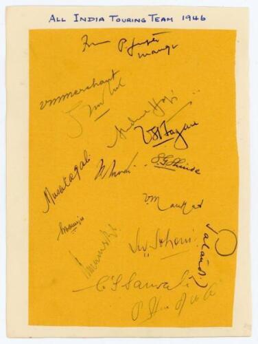 All India tour to England 1946. Page laid to slightly large page, signed in ink by fifteen members of the 1946 India touring party. Signatures are Nawab of Pataudi (Captain), P. Gupta (Manager), V.M. Merchant, Gul Mahomed, Abdul Hafeez, V.S. Hazare, Musht