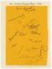 All India tour to England 1946. Page laid to slightly large page, signed in ink by fifteen members of the 1946 India touring party. Signatures are Nawab of Pataudi (Captain), P. Gupta (Manager), V.M. Merchant, Gul Mahomed, Abdul Hafeez, V.S. Hazare, Musht