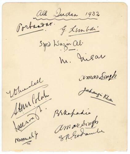 All India tour to England 1932. Large album page very nicely signed in ink by twelve members of the 1932 India touring party. Signatures are Maharaja of Porbander, K.S.G. of Limbdi, S. Wazir Ali, Mahomed Nissar, L. Amar Singh (signed twice), M. Jahangir K