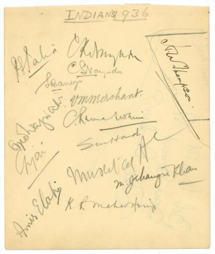 All India tour to England 1936. Album page signed in pencil by thirteen members of the 1936 India touring party. Signatures are P.E. Palia, C.K. Nayudu, C.S. Nayudu, S.S. Banerjee, V.M. Merchant, S. Wazir Ali, C. Ramaswami, L.P. Jai, S.M. Hadi, Mushtaq Al