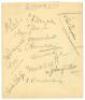 All India tour to England 1936. Album page signed in pencil by thirteen members of the 1936 India touring party. Signatures are P.E. Palia, C.K. Nayudu, C.S. Nayudu, S.S. Banerjee, V.M. Merchant, S. Wazir Ali, C. Ramaswami, L.P. Jai, S.M. Hadi, Mushtaq Al