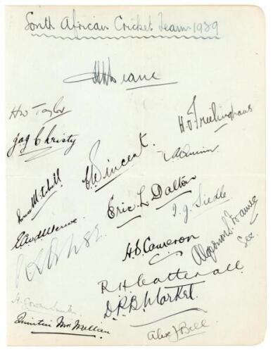 ‘South African Cricket Team 1929’. Large album page nicely and fully signed in ink by the eighteen original members of the 1929 South African touring party. Signatures are Deane (Captain), Taylor, Christy, Mitchell, Vincent, Quinn, van der Merwe, Dalton, 