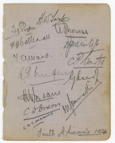 South Africa tour to England 1924. Album page signed in pencil by thirteen members of the South African touring party. Signatures are Taylor (Captain), Pegler, Nourse, Catterall, Meintjes, Ward, Carter, Nupen, Deane, Dixon, Commaille, Hearne etc. G.