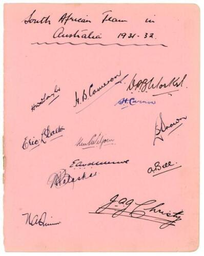 ‘South African Team in Australia 1931-32’. Rarer large album page very nicely signed in black ink (one in blue) by twelve members of the South African touring party. Signatures are Cameron (Captain), Taylor, Morkel, Curnow, Dalton, Viljoen, Brown, van der