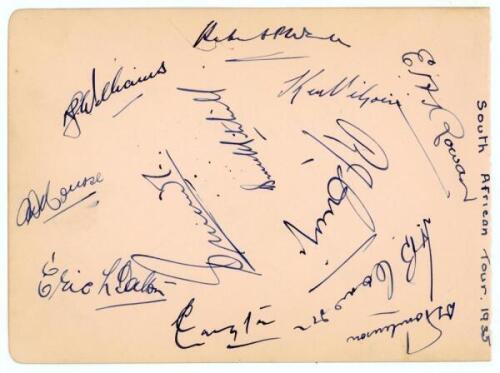 South Africa tour to England 1935. Album page nicely signed by twelve members of the touring party to England. Signatures are Wade (Captain), Williams, Viljoen, Rowan, Nourse, Vincent, Mitchell, Crisp, Cameron, Tomlinson, Dalton and Langton. To verso are 