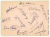 South Africa tour to England 1935. Album page nicely signed by twelve members of the touring party to England. Signatures are Wade (Captain), Williams, Viljoen, Rowan, Nourse, Vincent, Mitchell, Crisp, Cameron, Tomlinson, Dalton and Langton. To verso are 