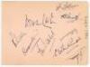 South Africa tour to England 1935. Album page nicely signed by twelve members of the touring party to England. Signatures are Wade (Captain), Williams, Viljoen, Rowan, Nourse, Vincent, Mitchell, Crisp, Cameron, Tomlinson, Dalton and Langton. To verso are - 2