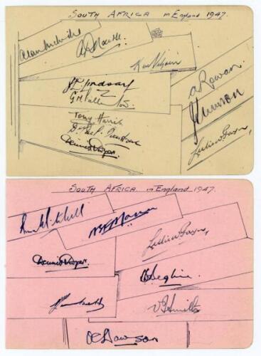 ‘South Africa in England 1947. Two album pages fully signed by all seventeen members of the touring party to England. Signatures are Melville (Captain), Nourse, Viljoen, Lindsay, Fullerton, Harris, Ovenstone, Dyer (signed twice), Rowan, Plimsoll, Payne (s