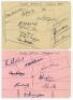 ‘South Africa in England 1947. Two album pages fully signed by all seventeen members of the touring party to England. Signatures are Melville (Captain), Nourse, Viljoen, Lindsay, Fullerton, Harris, Ovenstone, Dyer (signed twice), Rowan, Plimsoll, Payne (s