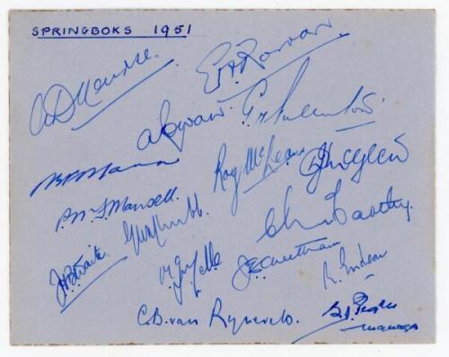 South Africa tour to England 1951. Two album pages, one comprising sixteen signatures of the 1951 touring party to England. To the verso twelve signatures of the 1951 ‘Springbok “B”’ team, and to a cleanly detached facing page, twelve members of the 1951 