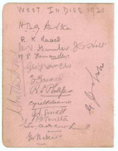 West Indies tour to England 1923. Rarer album page signed in pencil by sixteen members of the West Indies touring party. Signatures are Austin (Captain), Nunes, Hunter, Holt, Fernandes, Francis, Pascall, Phillips, Browne, Small, Tarilton, Dewhurst, Challe